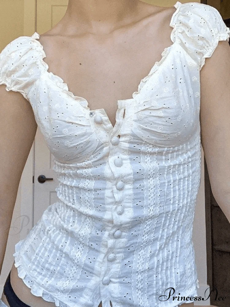 Broderie Lace White Trendy Cropped Tank Top - Image 2