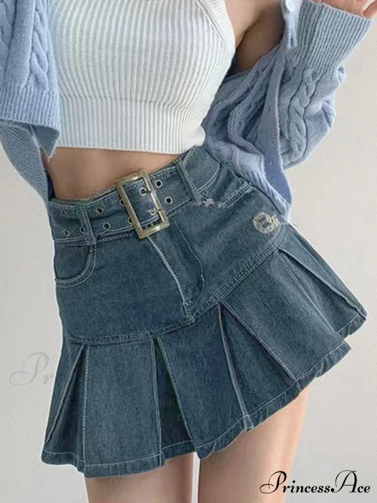 Buckle Belt Low Trendy Waist Denim Mini Skirt - Image 2