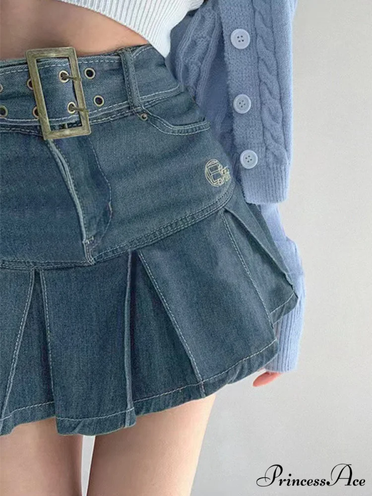 Buckle Belt Low Trendy Waist Denim Mini Skirt - Image 3