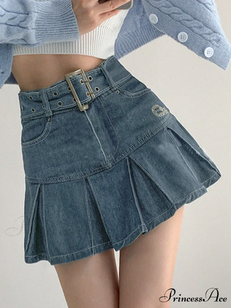 Buckle Belt Low Trendy Waist Denim Mini Skirt - Image 5