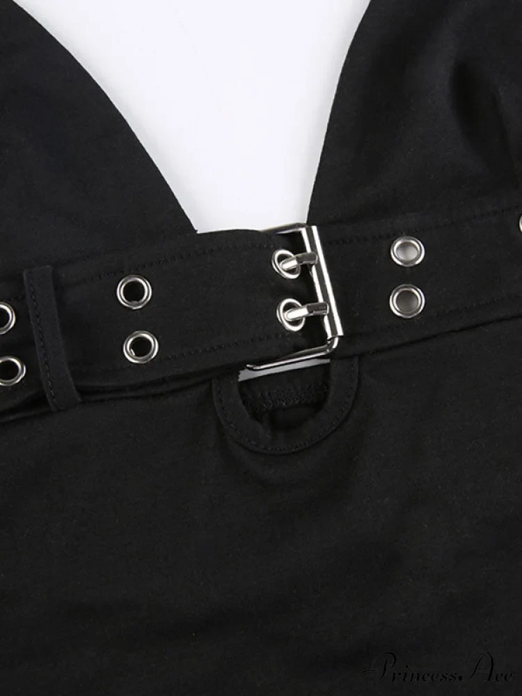 Buckle Strap Black Trendy Bodycon Mini Dress - Image 3