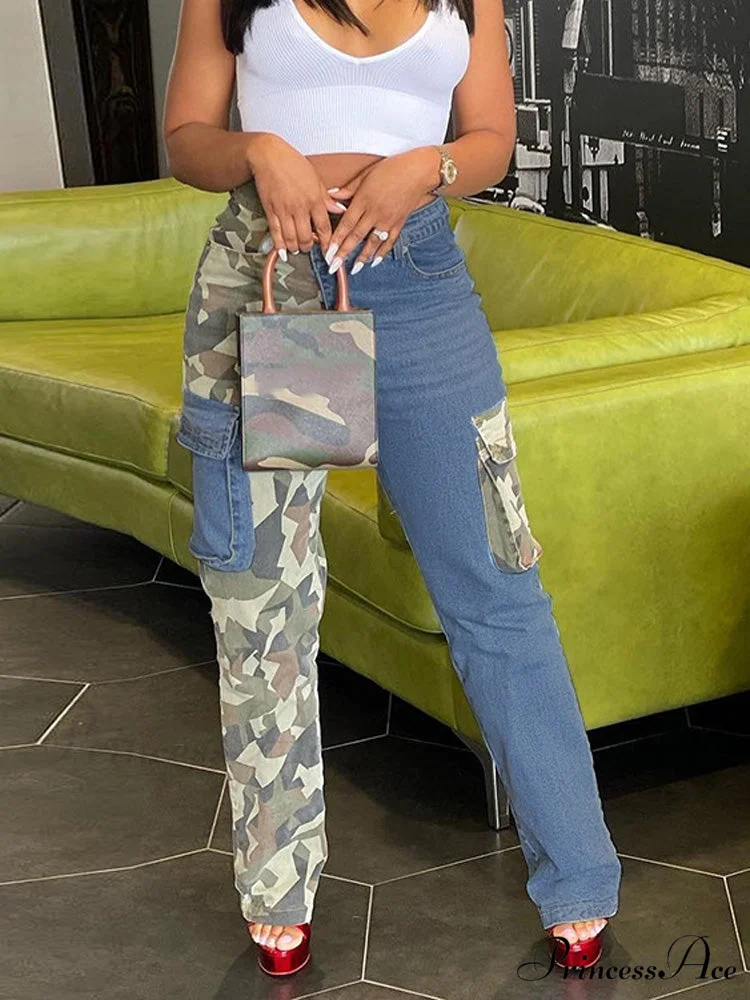 Camouflage Denim Graceful Patchwork Pants - Image 2