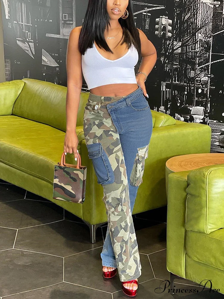 Camouflage Denim Graceful Patchwork Pants - Image 3