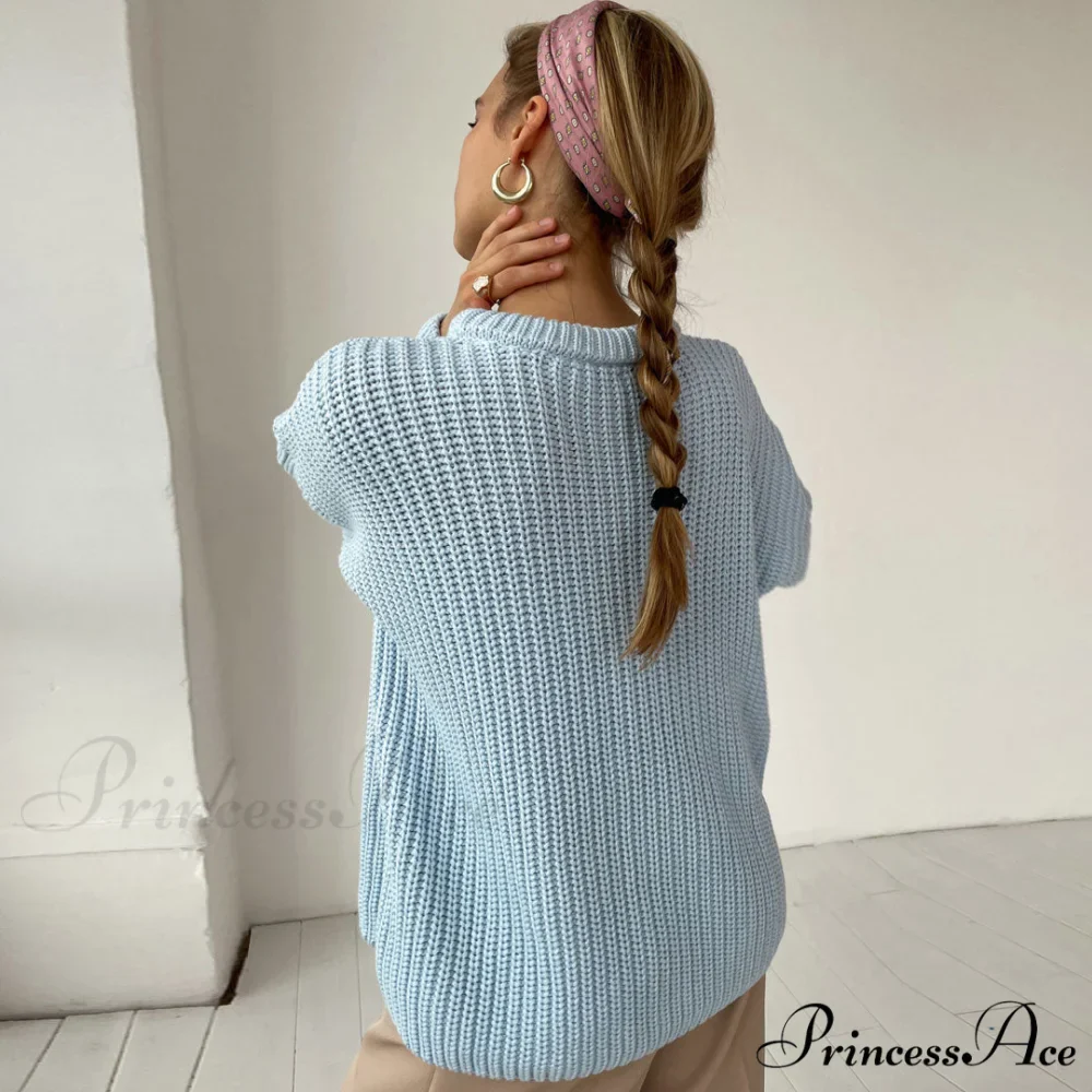 Candy Color Crewneck Trendy Pullover Sweater - Green - Image 2