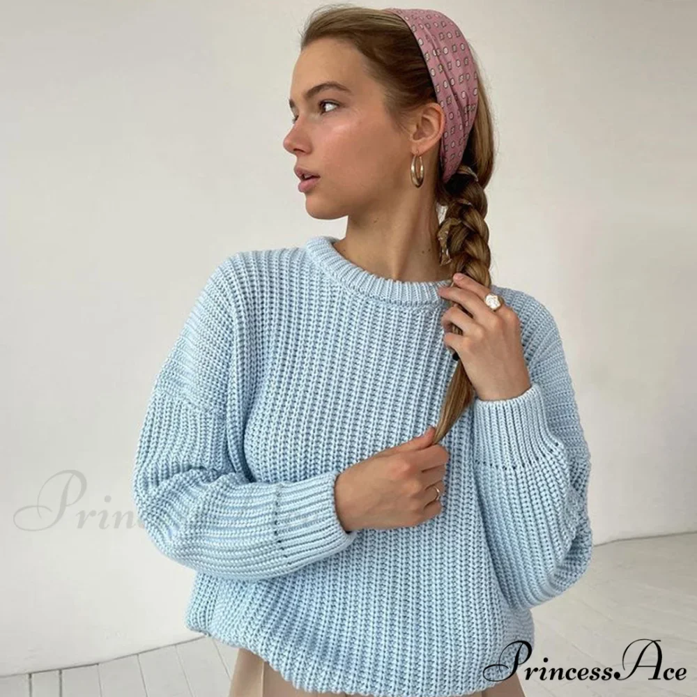 Candy Color Crewneck Trendy Pullover Sweater - Green - Image 3