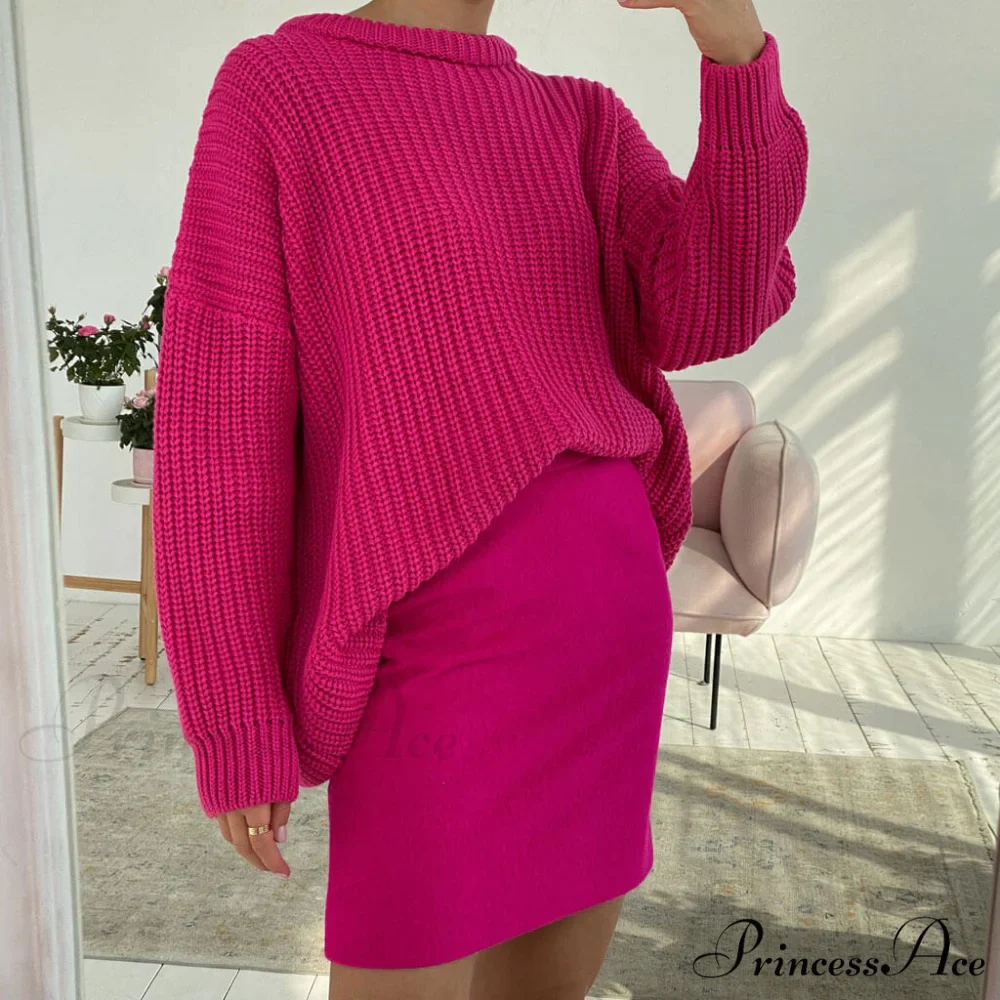 Candy Color Crewneck Trendy Pullover Sweater - Purple - Image 2