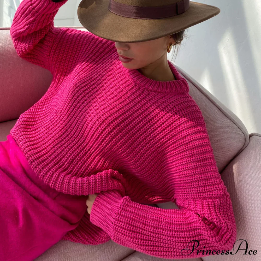 Candy Color Crewneck Trendy Pullover Sweater - Purple - Image 3