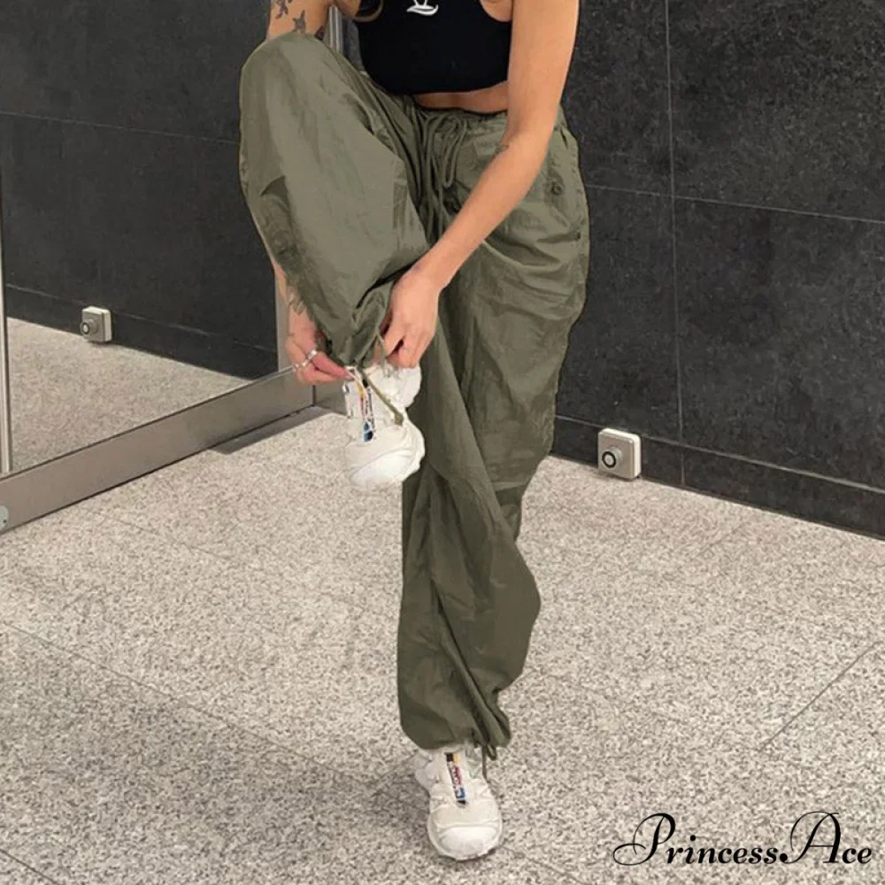 Casual Low Waist Ruched Trim Classic Baggy Cargo Pants - Brown - Image 2