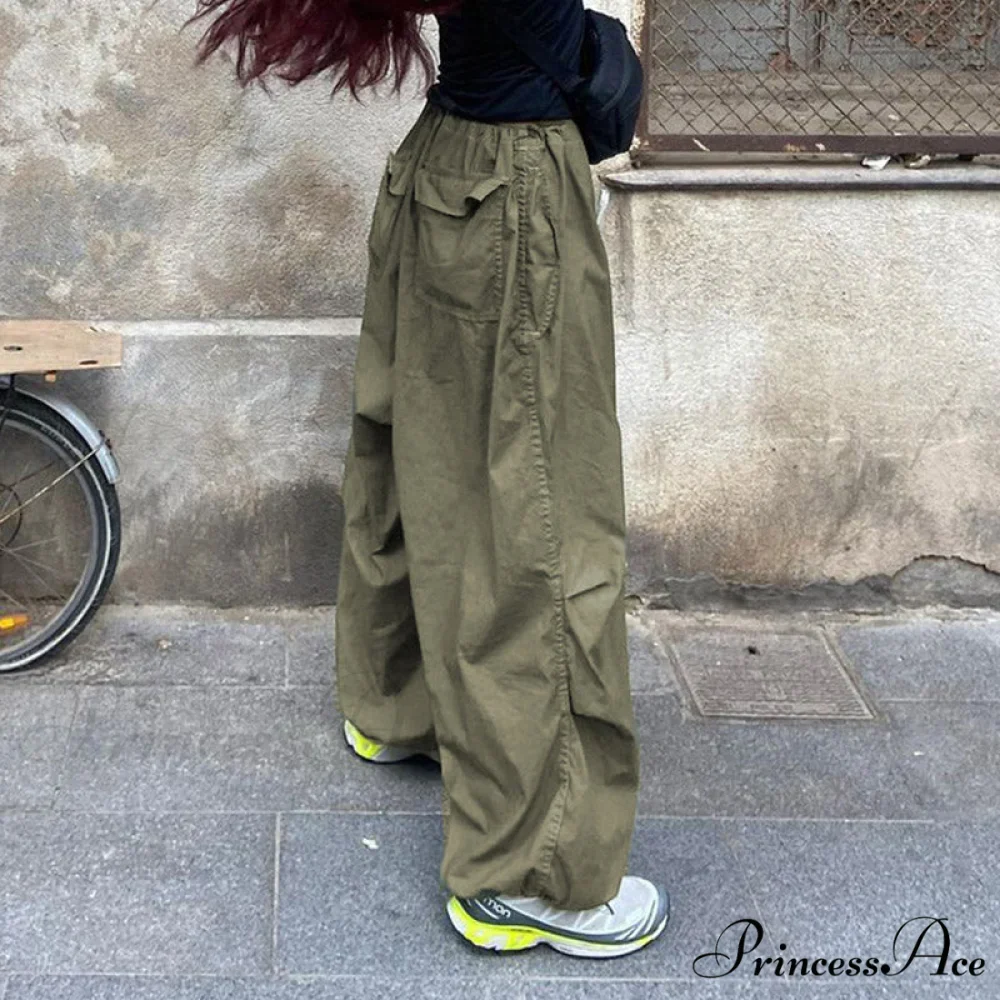 Casual Low Waist Ruched Trim Classic Baggy Cargo Pants - Brown - Image 3