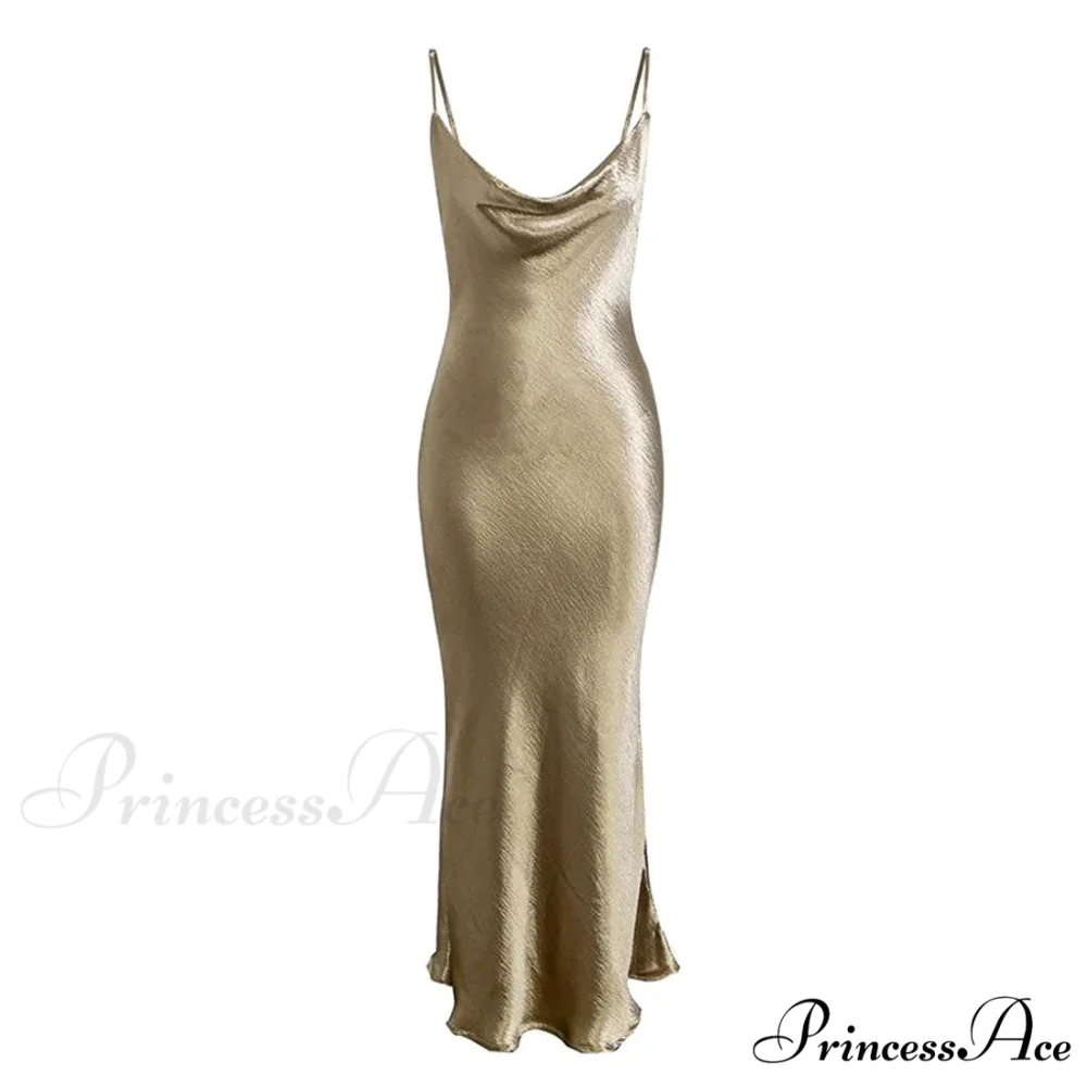 Classy Cowl Neck Tie String Classic Silky Slip Maxi Dress - Image 3