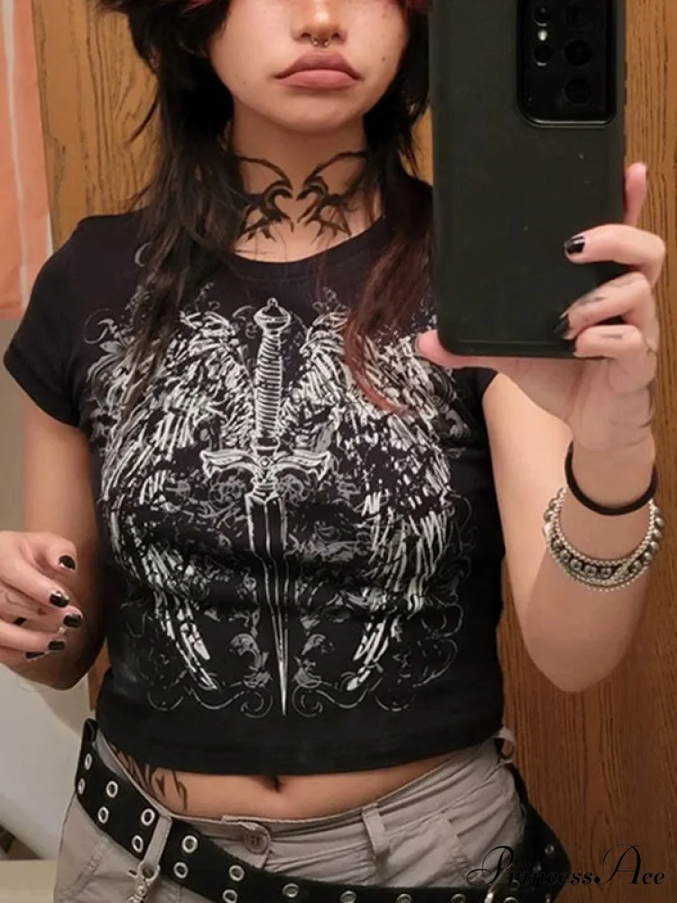 Grunge Wing Print Trendy Ribbed Knit Crop Top - Image 3