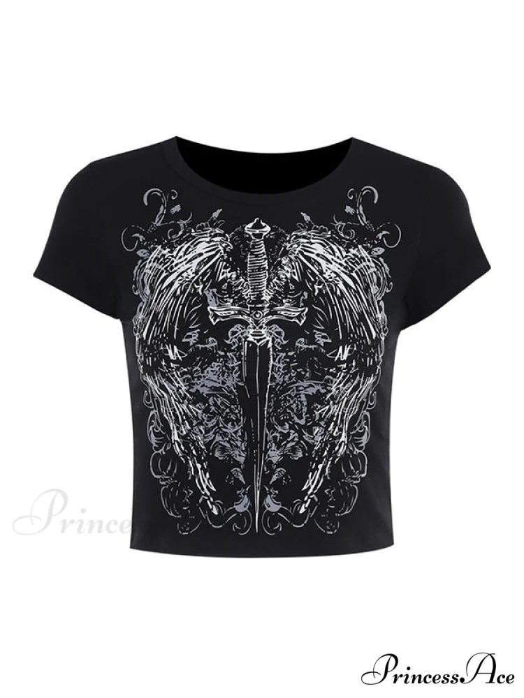 Grunge Wing Print Trendy Ribbed Knit Crop Top - Image 5