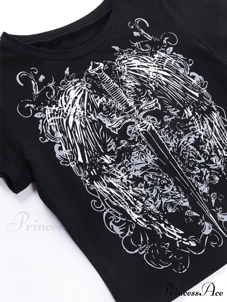 Grunge Wing Print Trendy Ribbed Knit Crop Top - Image 7