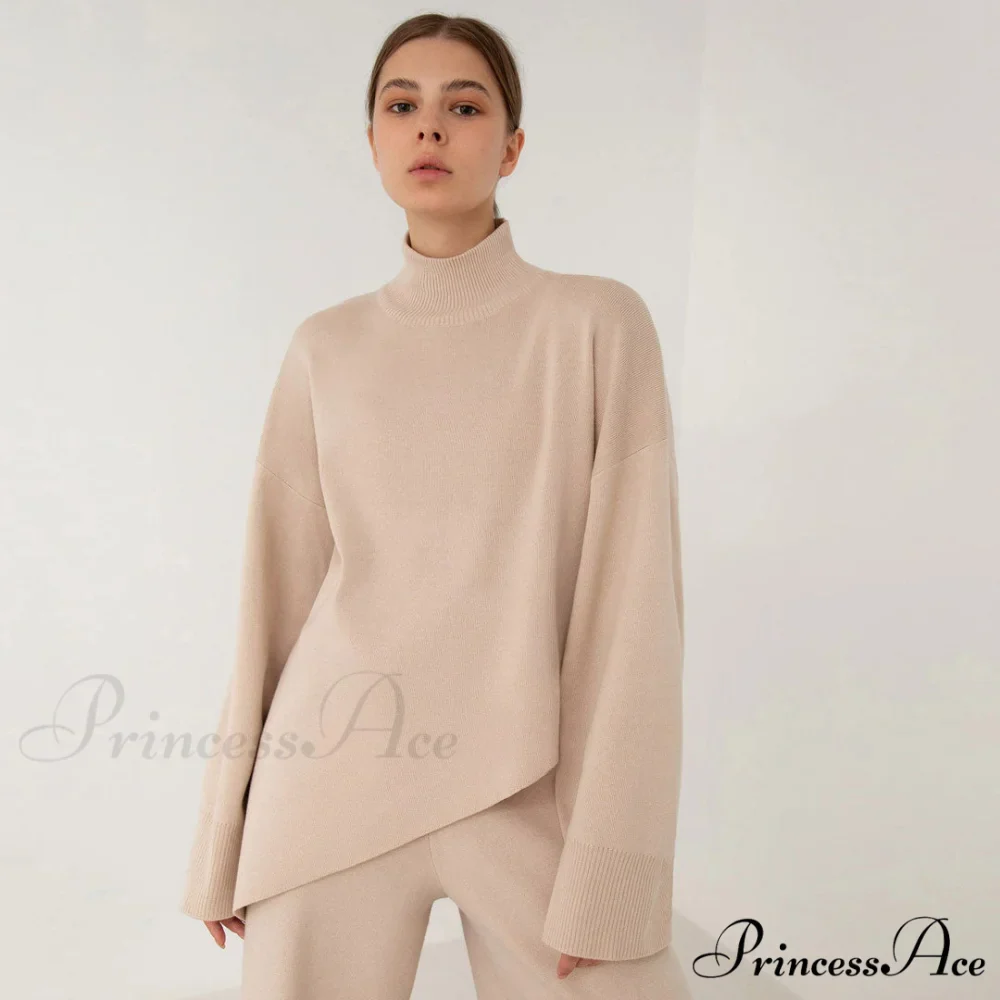 High Low Turtleneck Long Modern Sleeve Sweater - White - Image 3