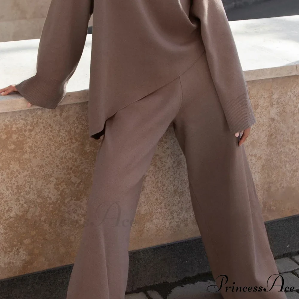 High Neck Bell Sleeve Sweater Wide Sophisticated Leg Pants Matching Set - Apricot - Image 3