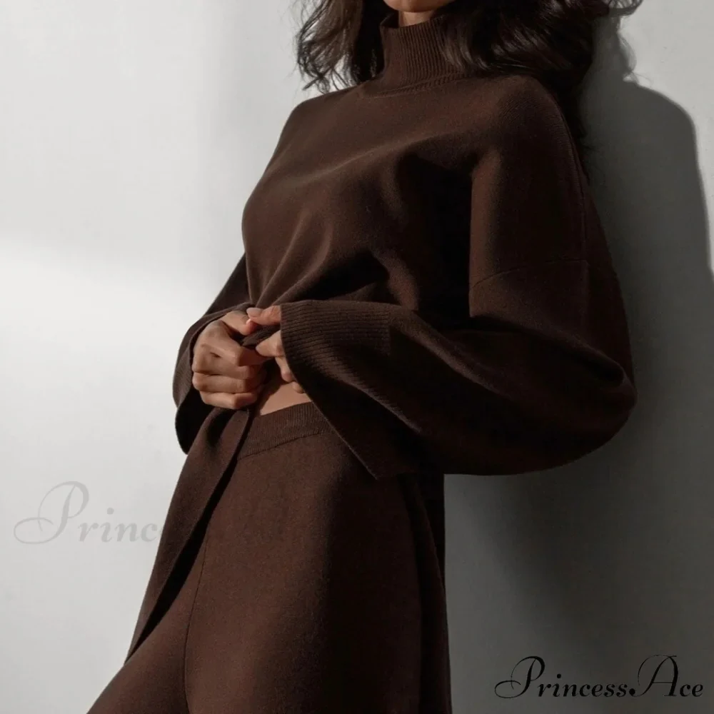 High Neck Bell Sleeve Sweater Wide Sophisticated Leg Pants Matching Set - Caramel - Image 2