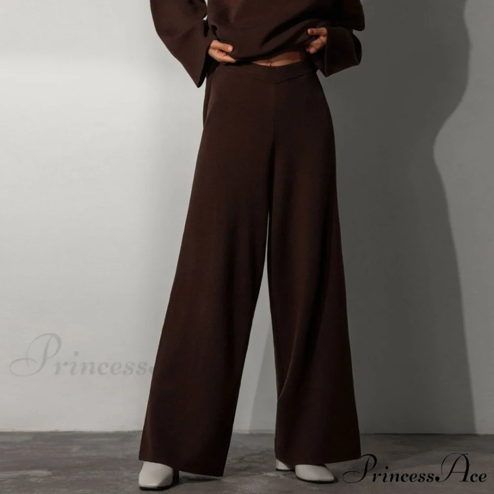 High Neck Bell Sleeve Sweater Wide Sophisticated Leg Pants Matching Set - Caramel - Image 3