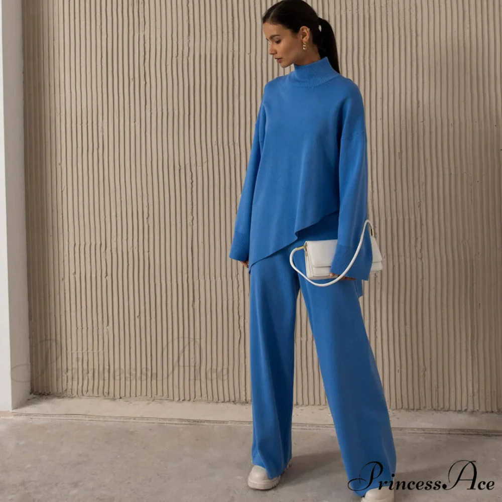 High Neck Bell Sleeve Sweater Wide Sophisticated Leg Pants Matching Set - Chestnut - Image 2