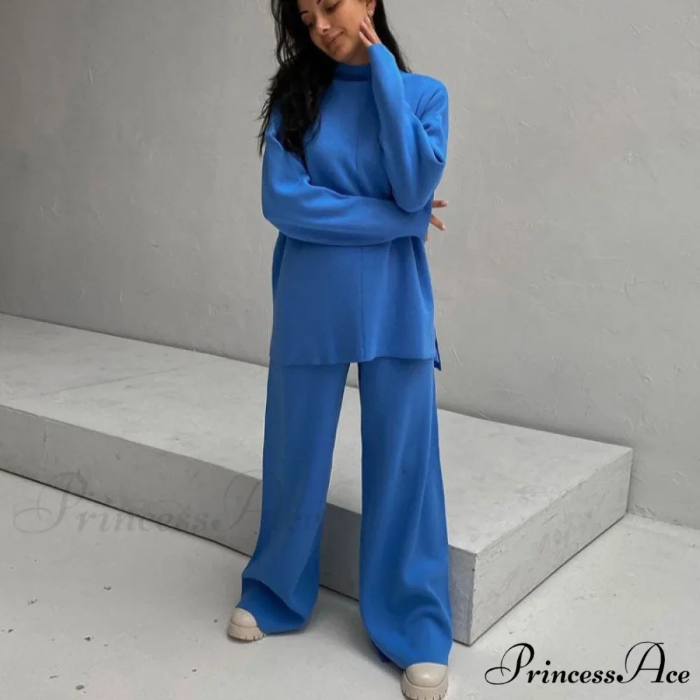 High Neck Rib Knit Pullover Sweater Sophisticated Wide Leg Pants Matching Set - Black - Image 2