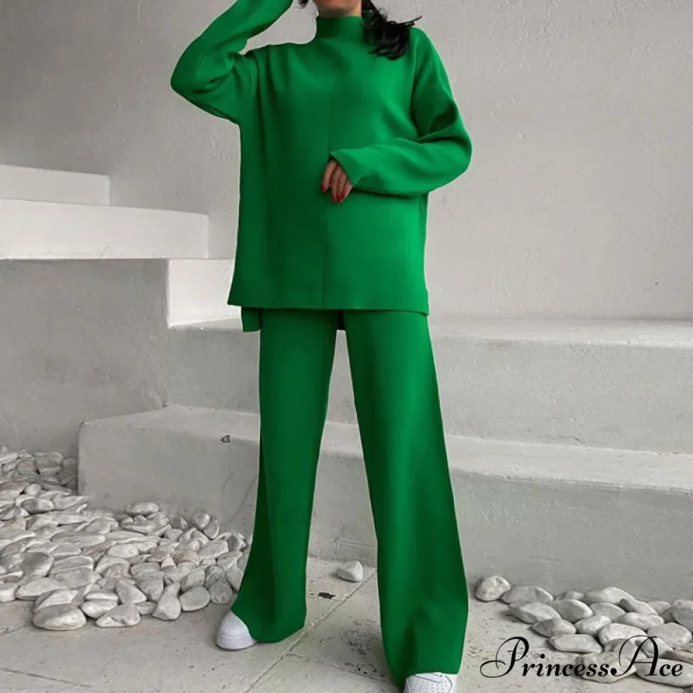 High Neck Rib Knit Pullover Sweater Sophisticated Wide Leg Pants Matching Set - Image 2
