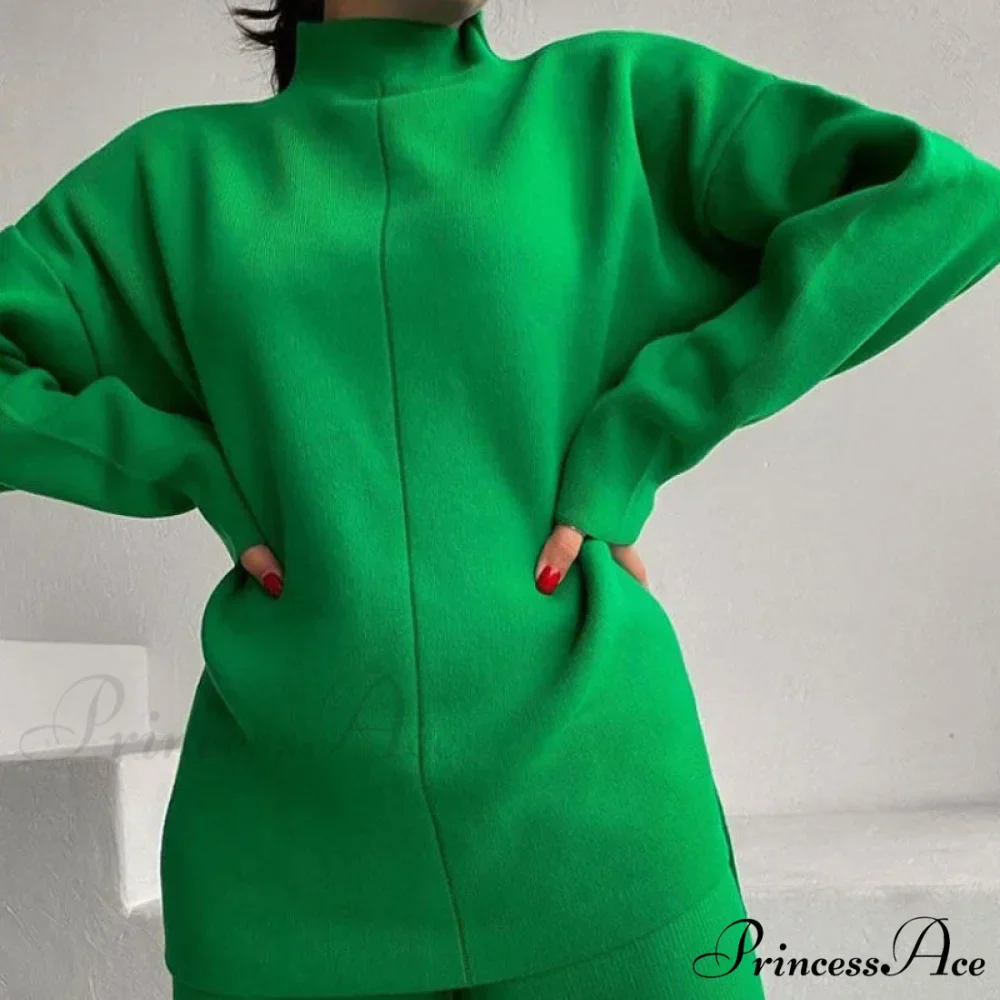 High Neck Rib Knit Pullover Sweater Sophisticated Wide Leg Pants Matching Set - Image 3