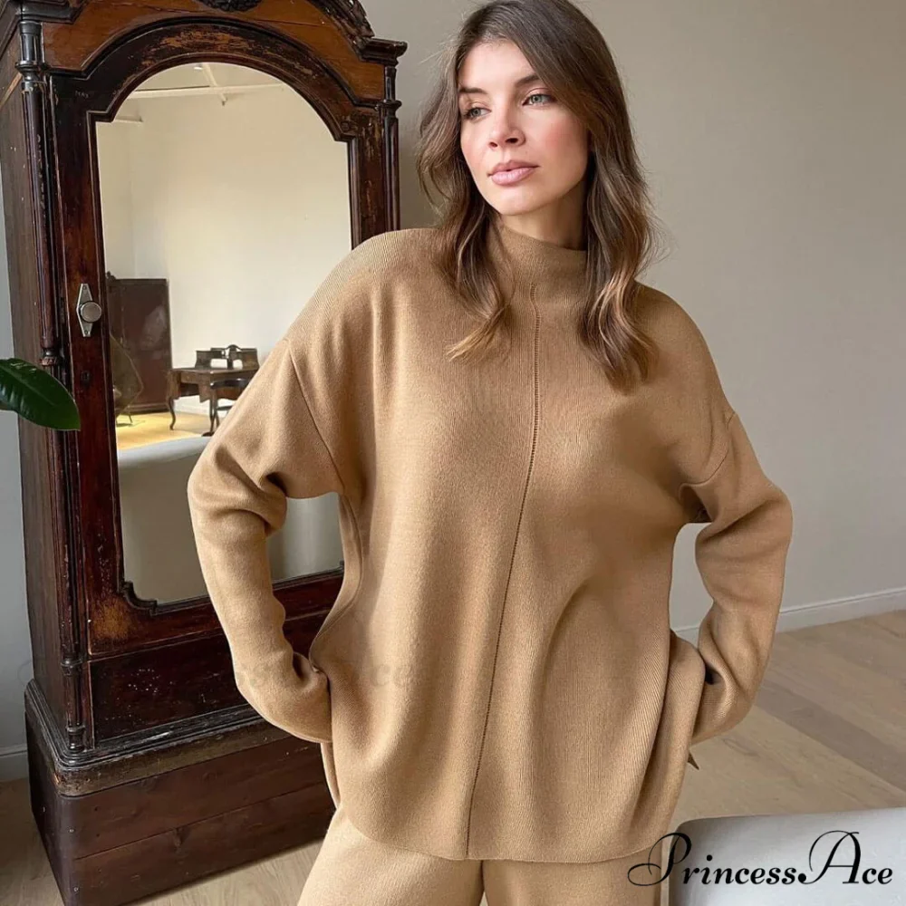 High Neck Rib Knit Pullover Sweater Sophisticated Wide Leg Pants Matching Set - Green - Image 2
