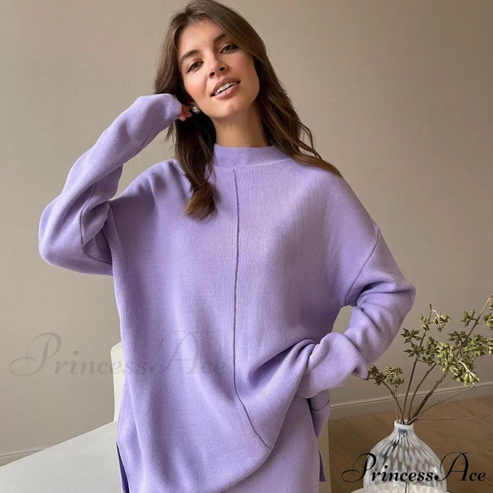 High Neck Rib Knit Pullover Sweater Sophisticated Wide Leg Pants Matching Set - Khaki - Image 2