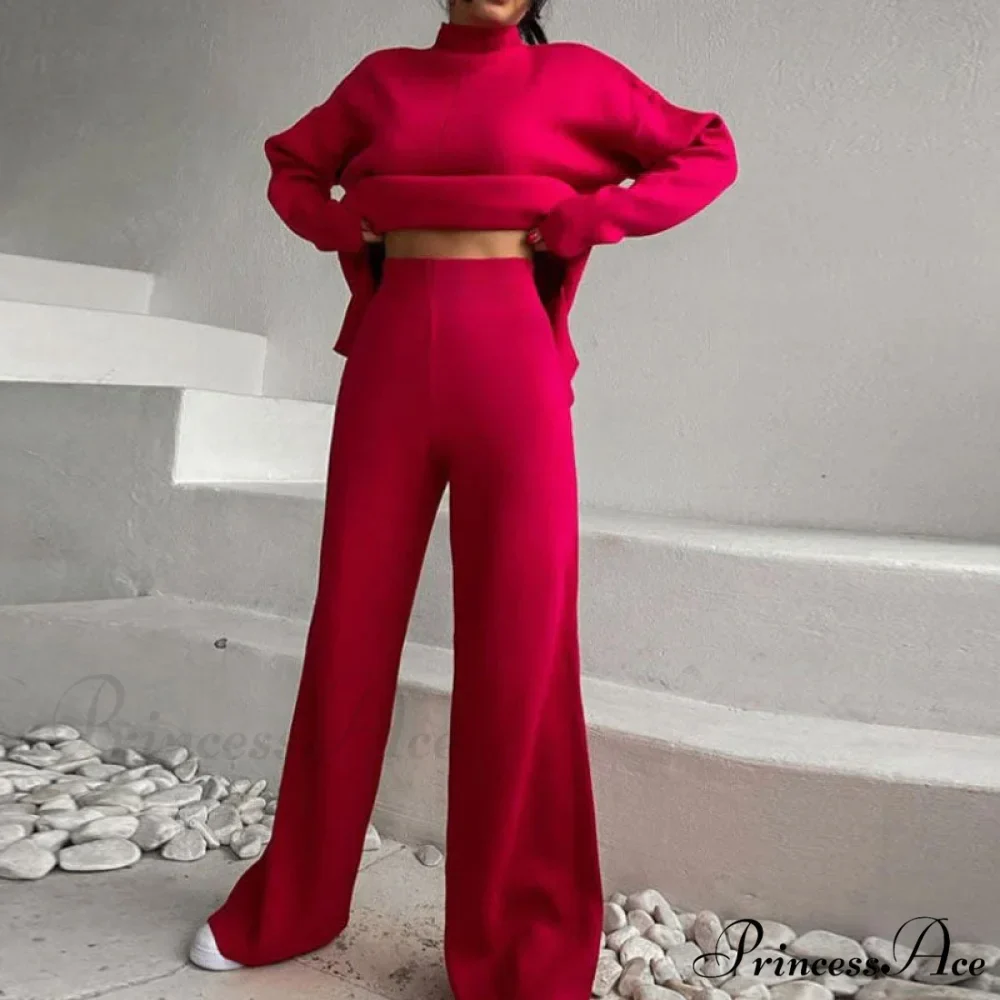 High Neck Rib Knit Pullover Sweater Sophisticated Wide Leg Pants Matching Set - Purple - Image 2
