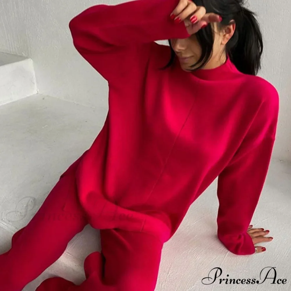 High Neck Rib Knit Pullover Sweater Sophisticated Wide Leg Pants Matching Set - Purple - Image 3