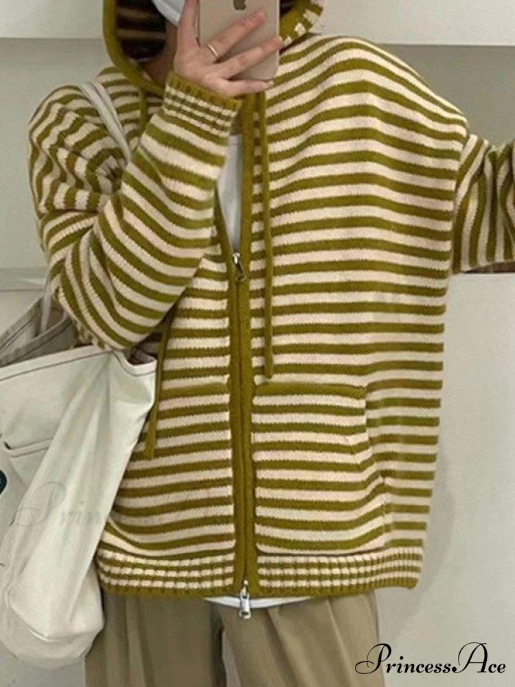 Contrasting Colors Striped Hooded Zipper Sweater Cardigan Casual Long-sleeved Loose Hoodie - Image 10