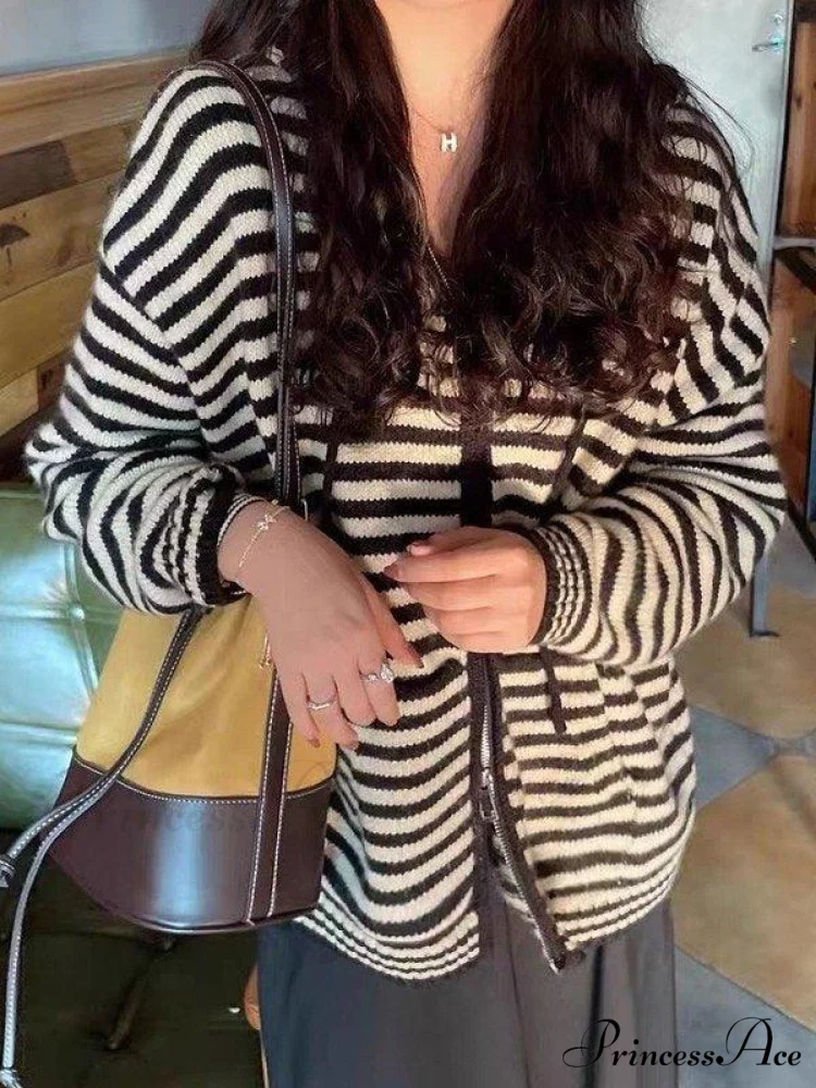 Contrasting Colors Striped Hooded Zipper Sweater Cardigan Casual Long-sleeved Loose Hoodie - Image 2