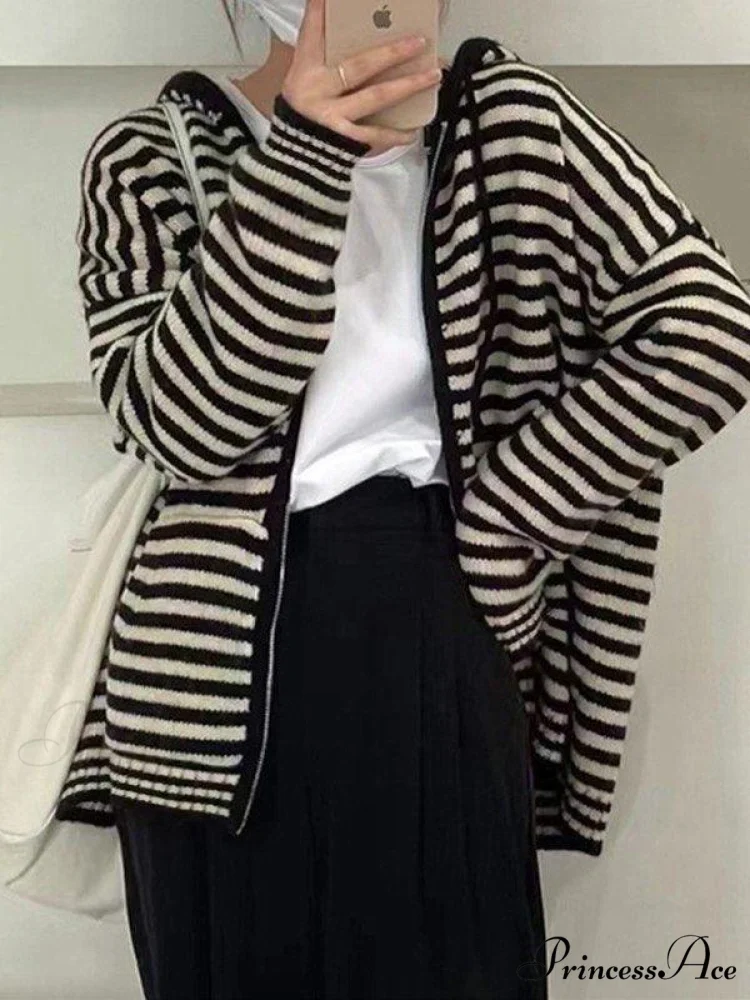 Contrasting Colors Striped Hooded Zipper Sweater Cardigan Casual Long-sleeved Loose Hoodie - Image 3