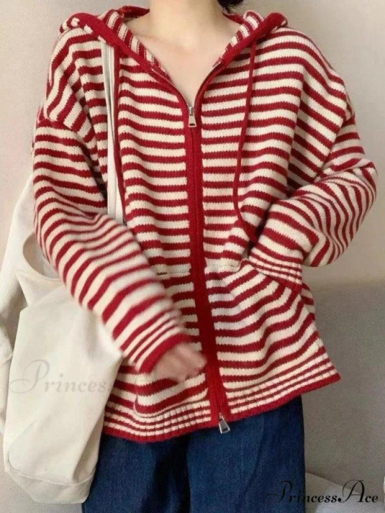Contrasting Colors Striped Hooded Zipper Sweater Cardigan Casual Long-sleeved Loose Hoodie - Image 4