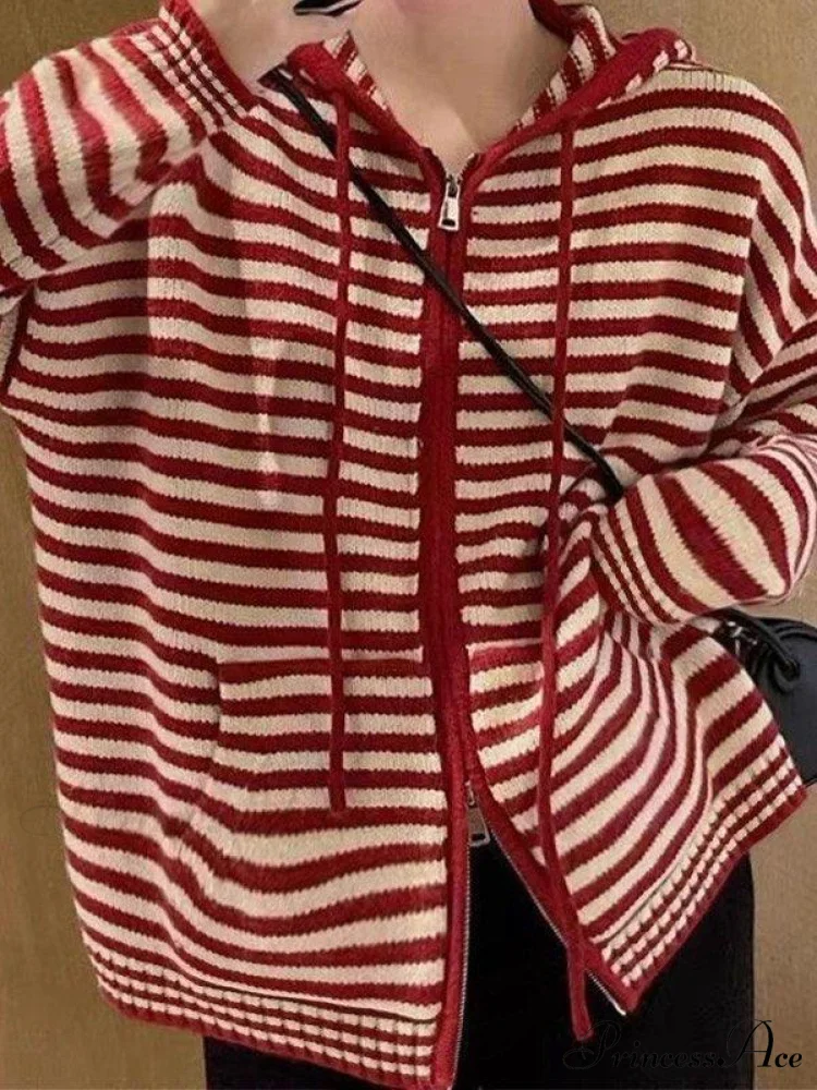 Contrasting Colors Striped Hooded Zipper Sweater Cardigan Casual Long-sleeved Loose Hoodie - Image 5