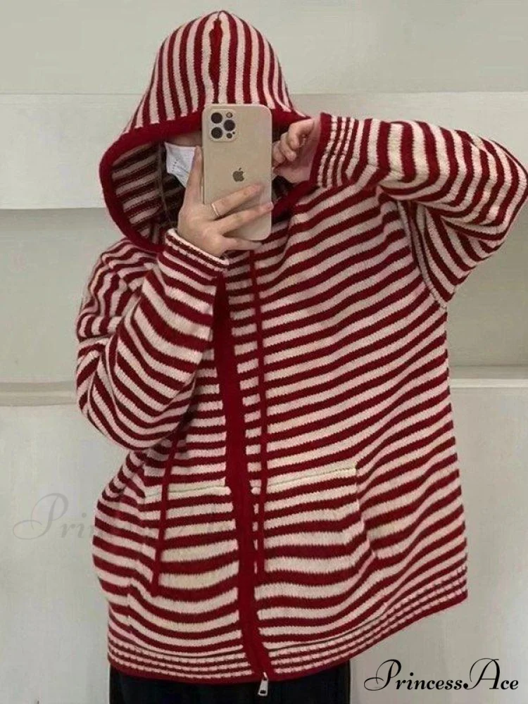 Contrasting Colors Striped Hooded Zipper Sweater Cardigan Casual Long-sleeved Loose Hoodie - Image 6