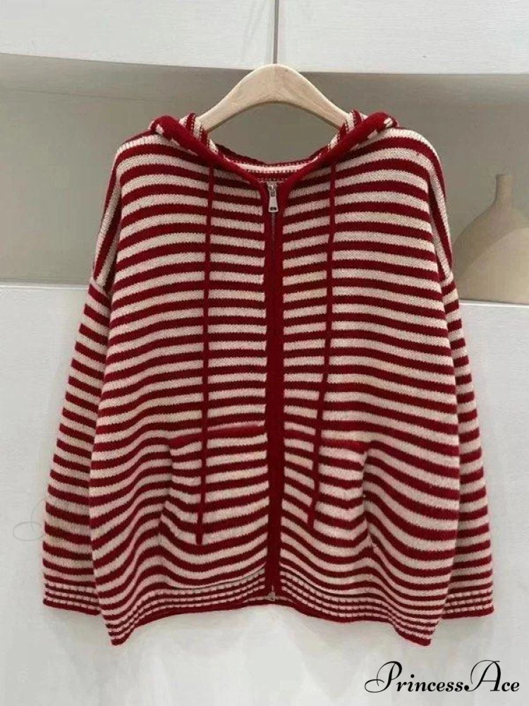 Contrasting Colors Striped Hooded Zipper Sweater Cardigan Casual Long-sleeved Loose Hoodie - Image 7