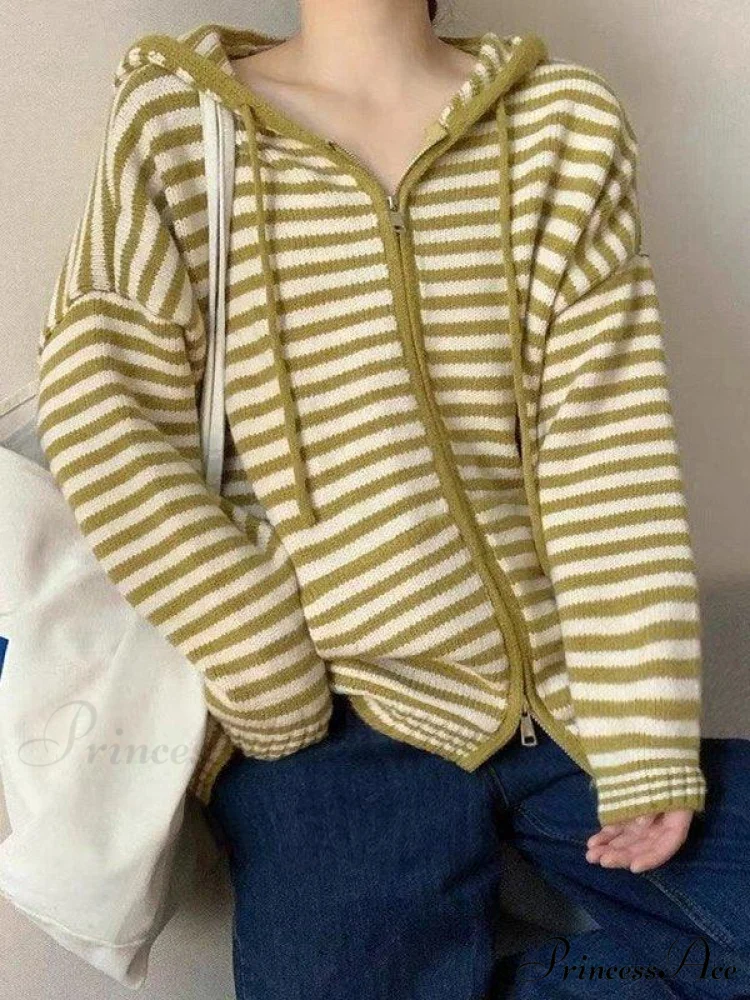 Contrasting Colors Striped Hooded Zipper Sweater Cardigan Casual Long-sleeved Loose Hoodie - Image 8
