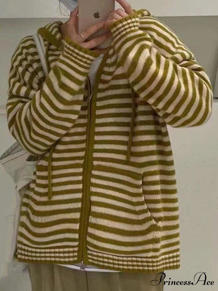 Contrasting Colors Striped Hooded Zipper Sweater Cardigan Casual Long-sleeved Loose Hoodie - Image 9