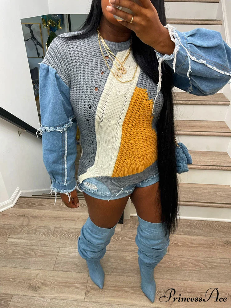 Knitted Color Block Turtleneck Modern Long Sleeve Sweater - Pink - Image 2