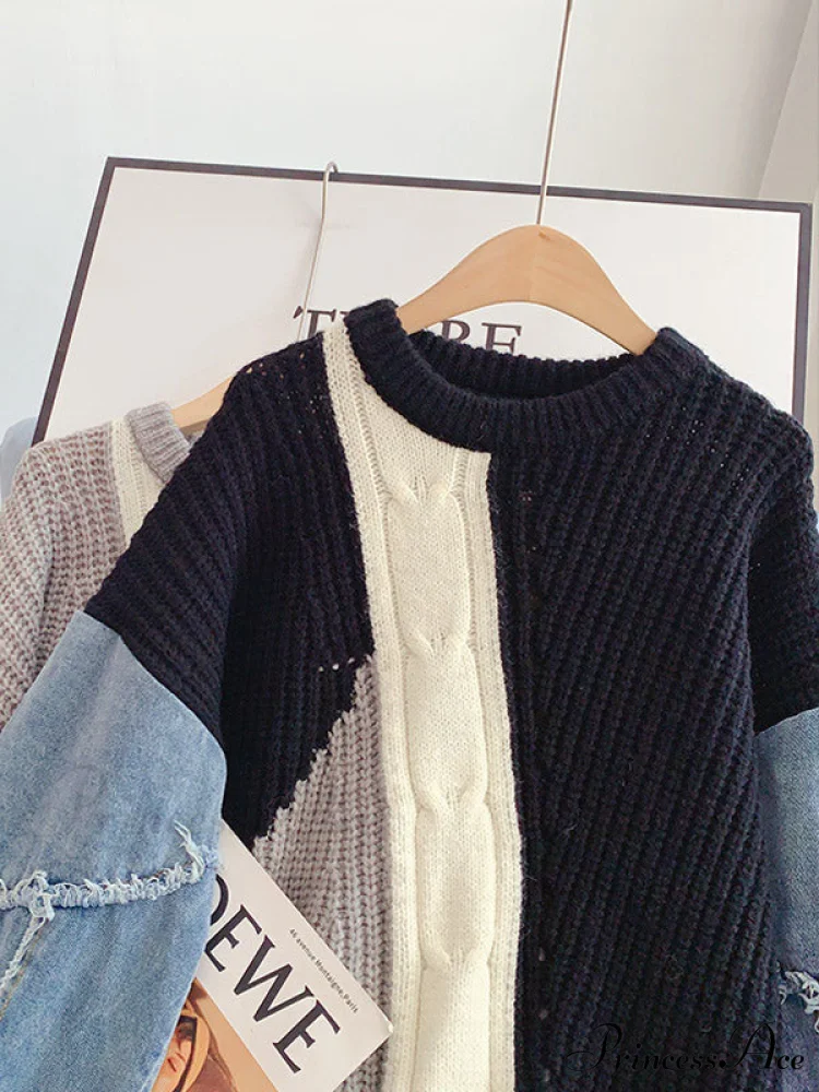 Knitted Color Block Turtleneck Modern Long Sleeve Sweater - Pink - Image 8