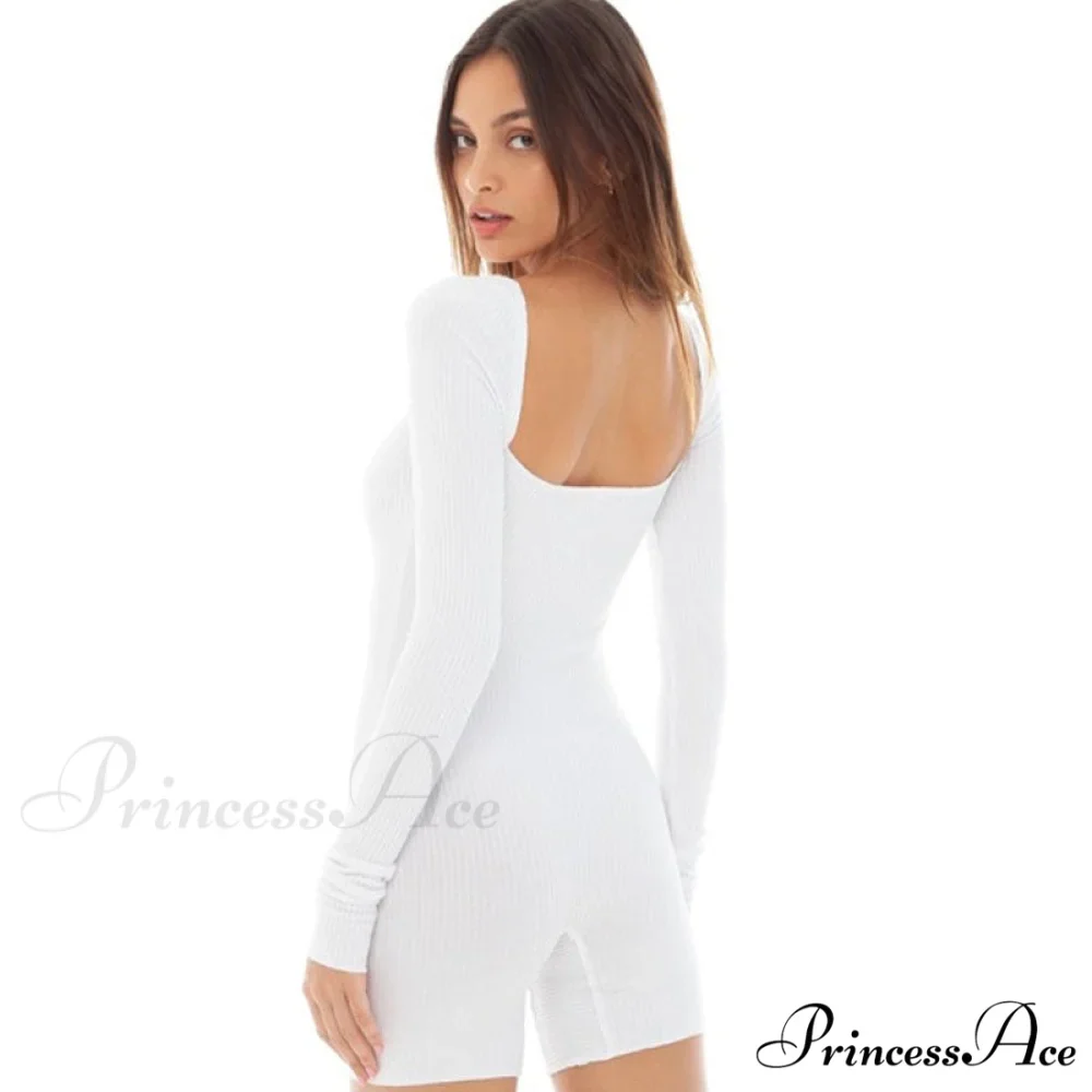 Active Square Neck Long Sleeve Classic Ribbed Bike Short Romper - Black - Image 3