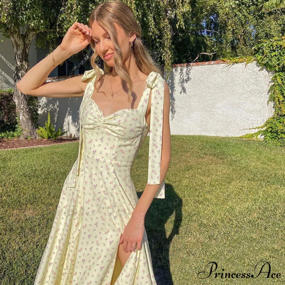 Adorable Daisy Printed High Slit Classic A-Line Slip Midi Sundress - White - Image 3