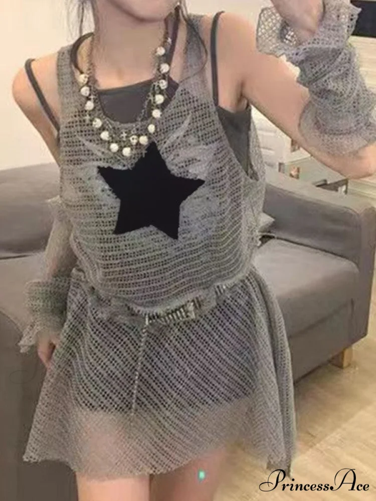 Arm Gloves Cold Shoulder Modern Star Black Crop Top - Image 2