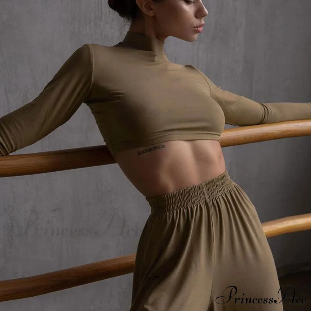 Athleisure Solid Long Sleeve Crop Top Sophisticated Wide Leg Pants Matching Set - Gray - Image 2