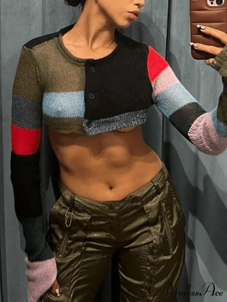 Color Block Striped Trendy Knitted Crop Cami Top - Image 3
