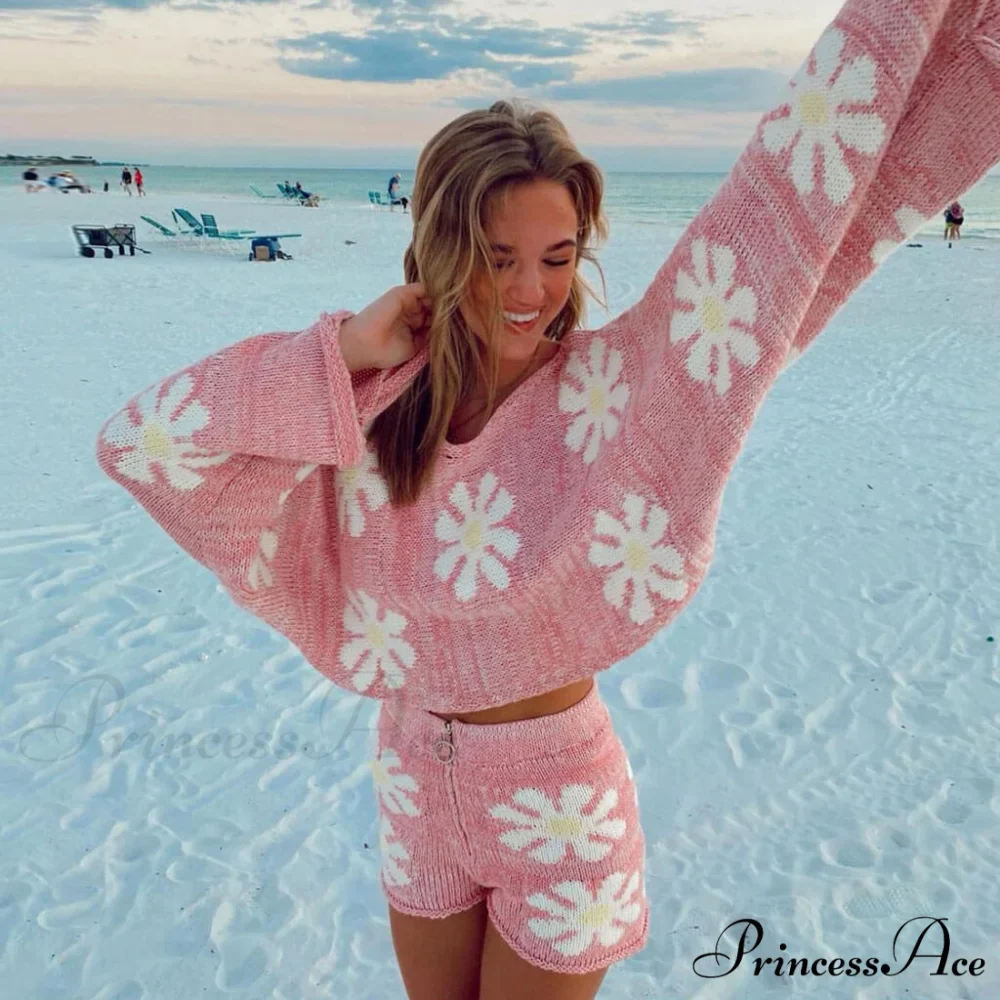 Cute Floral Print Pullover Knit Classic Shorts Matching Set - Khaki - Image 3