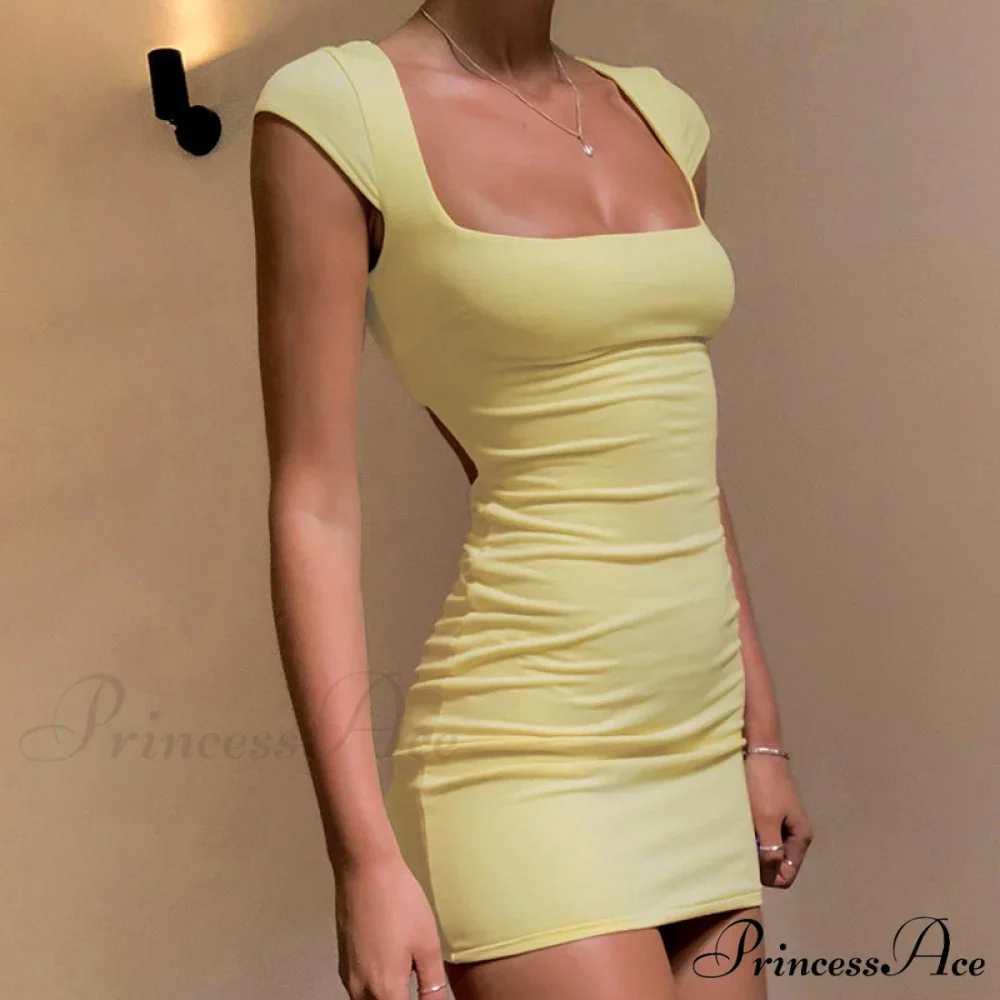 Cutout Back Short Sleeve Square Classic Neck Bodycon Mini Dress - Black - Image 3