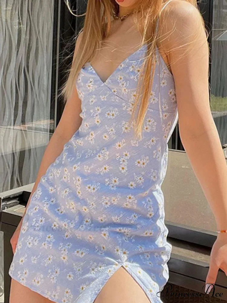 Daisy Pattern Split Trendy Slip Mini Dress - Image 3