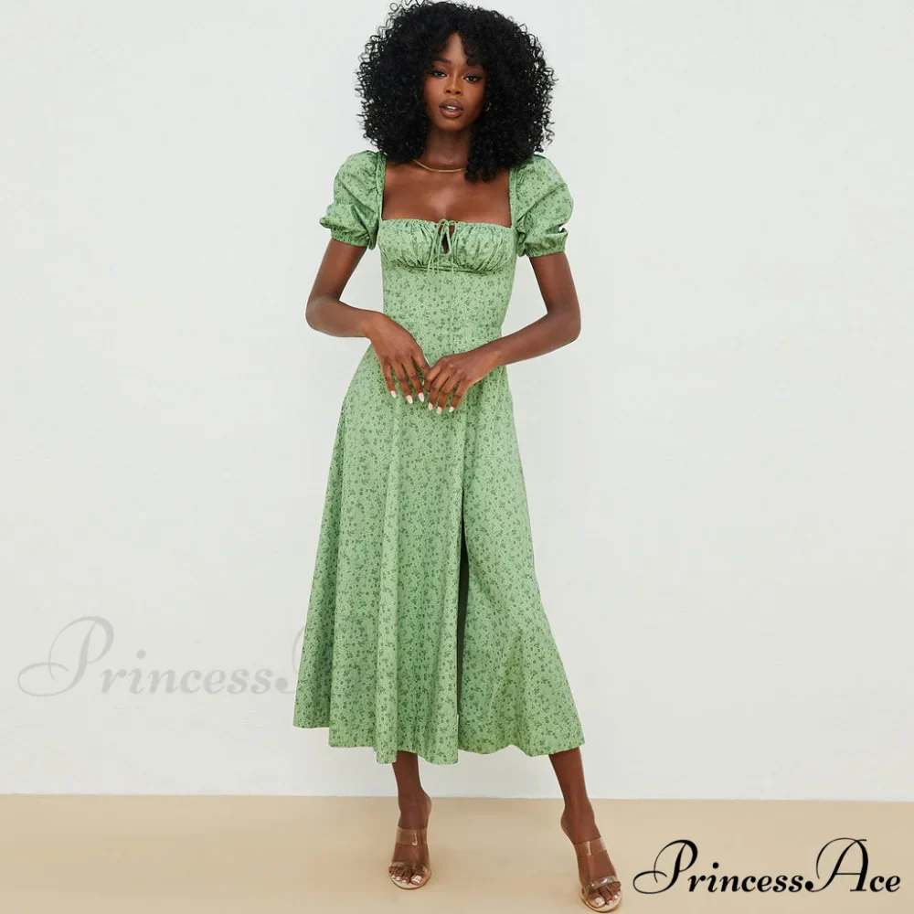Daisy Printed Puff Sleeve High Slit Sophisticated Smock Maxi Sundress - Dark Yellow - Image 2