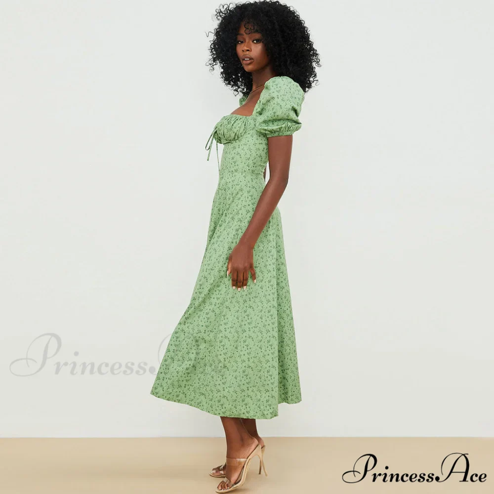 Daisy Printed Puff Sleeve High Slit Sophisticated Smock Maxi Sundress - Dark Yellow - Image 3